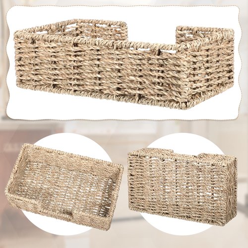 Napkin Holder Disposable Guest Towel Tray Long Seagrass Woven Rattan Wicker Holder Square Napkin Paper Basket Cocktail Serving Tray Rustic Boho Decor Accessories for Kitchen Bathroom Dining