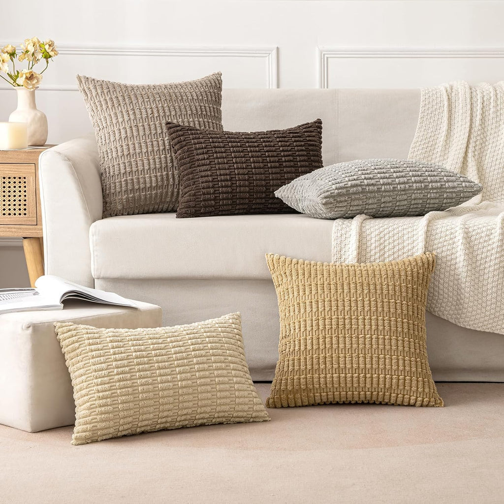 MIULEE Corduroy Throw Pillow Covers - Soft Boho Striped Design | 18x18 Inch Tan Decorative Pillows for Home Decor