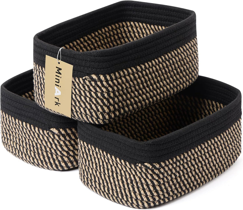 MiniArk Small Storage Baskets - Organizing Bins for Closet & Shelf | Woven Rope | 11.5x7.5x4.7” | 3 Pack in Black & Brown