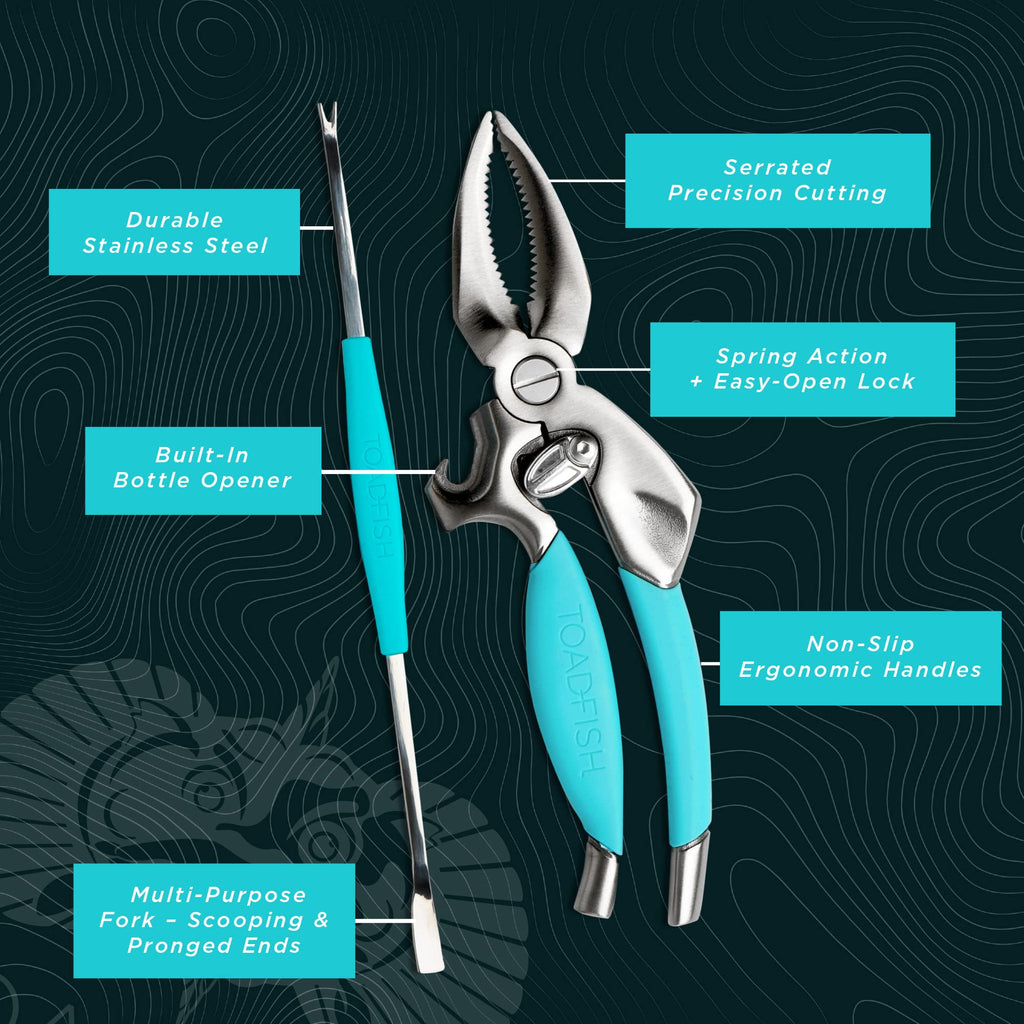 Toadfish Crab & Lobster Seafood Tool Set - 2 Shell Crackers With Cutters & 4 Multi-Use Forks - Non-Slip Grips - Stainless Steel - Built-In Bottle Opener - Makes A Beautiful Gift