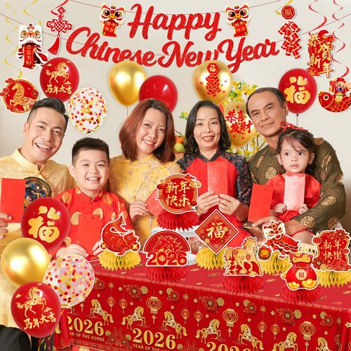 Chinese New Year Tableware,175pcs Chinese New Year Plates and Napkins Cups Tablecloth Banner Honeycomb for Lunar Year Horse Spring Festival