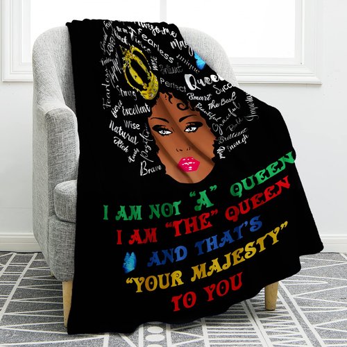 Jekeno African American Black Girl Lady Blanket I AM The Queen Print Gifts for Women Kids Girls Female Friends Home Bedroom Living Room Decor Soft Cozy Plush Throw Blankets Black 50"x60"