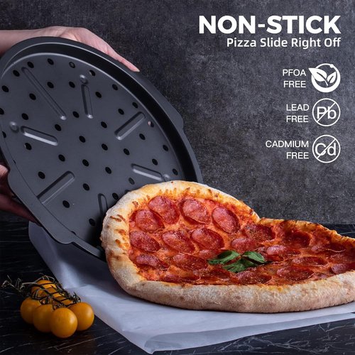 HONGBAKE 12-Inch Nonstick Pizza Pan Set - Air Crisping Design with Wide Handles | Perfect for Frozen & Homemade Pizza