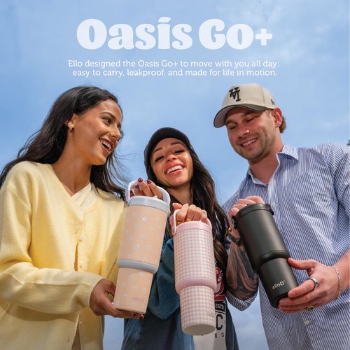 Ello Oasis Go+ 26oz Tumbler with Top Handle and Retracting Straw | Reusable Insulated Stainless Steel Cup, 100% Leakproof Water Bottle, 24 Hours Cold, Cup Holder Friendly For Travel | Rose Navy