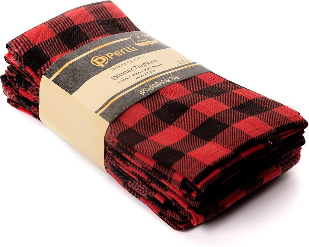 PERLLI Kitchen Cloth Napkins - Buffalo Plaid Red & Black | 12 Pack, 18x18 Inches, 100% Cotton, Washable & Reusable for Holiday Table Decor