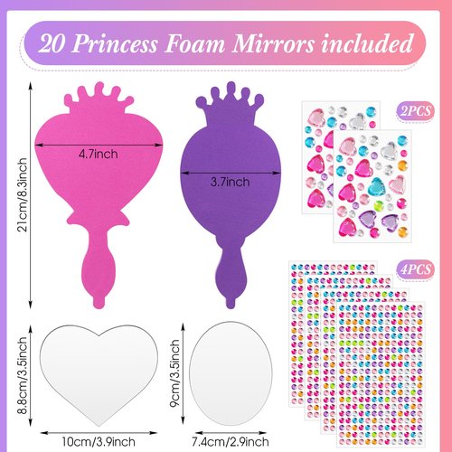 Geetery 20 Pcs Unbreakable Kids Mirror DIY Decorate Your Own Princess Mirror Mermaid Princess Foam Small Crafts for Princess Party Decorations(Purple, Pink)