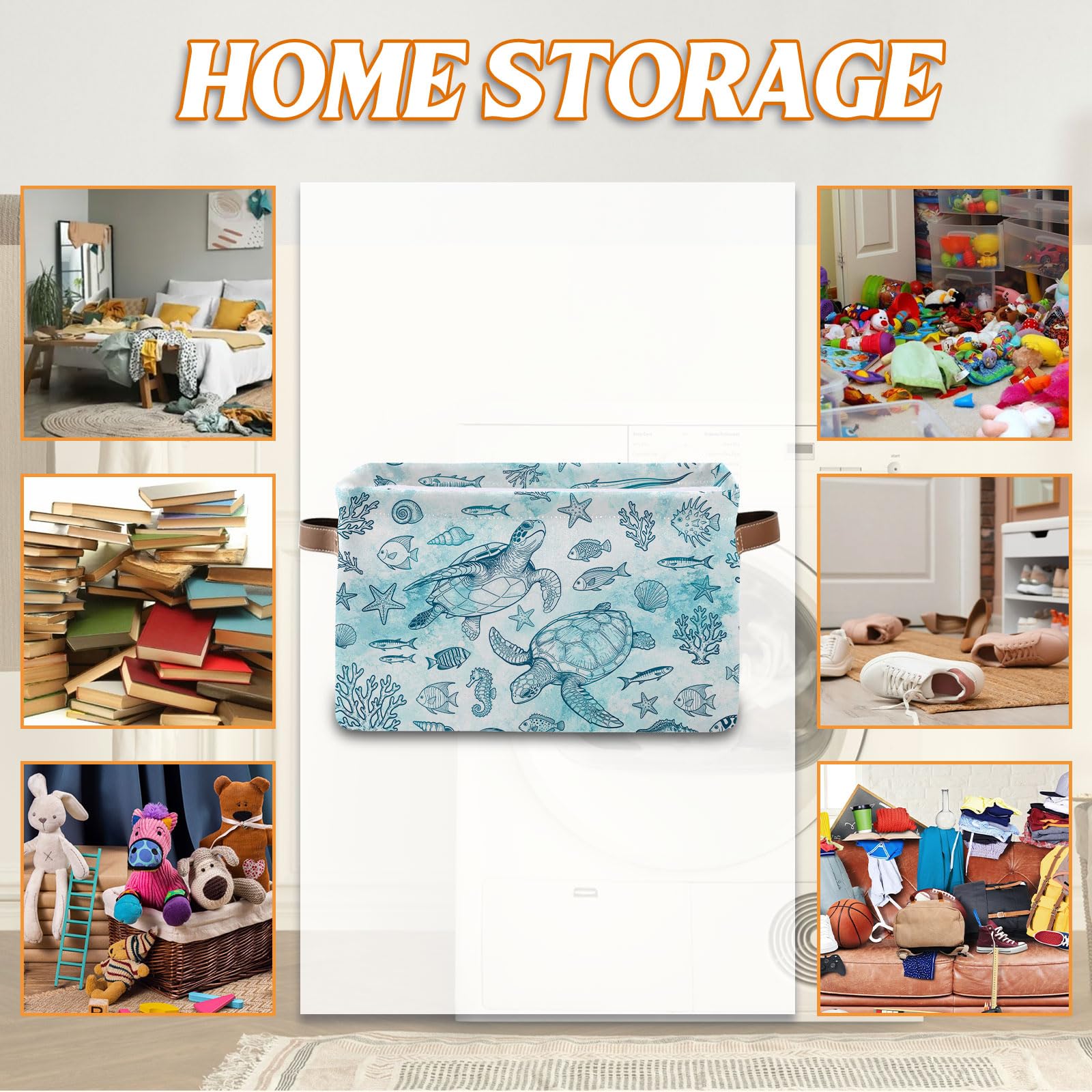 REETOOK Rectangle Ocean Sea Turtle Storage Basket, Storage Box Bin with Handles for Toy, Collapsible Laundry Hamper, Laundry Organizer for Room Nursery, Gifts for Chritsmas Thanksgiving 14.9x11x9.4