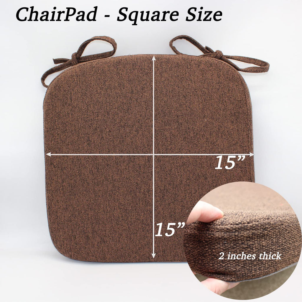 ZYHOONE Chair Cushion with Ties for Kitchen Chair - Thick Memory Foam Indoor Seat pad,Dining Room Cushion with Machine Washable Cover [15 X 15 X 2 Inches] - (Dark Brown,4)