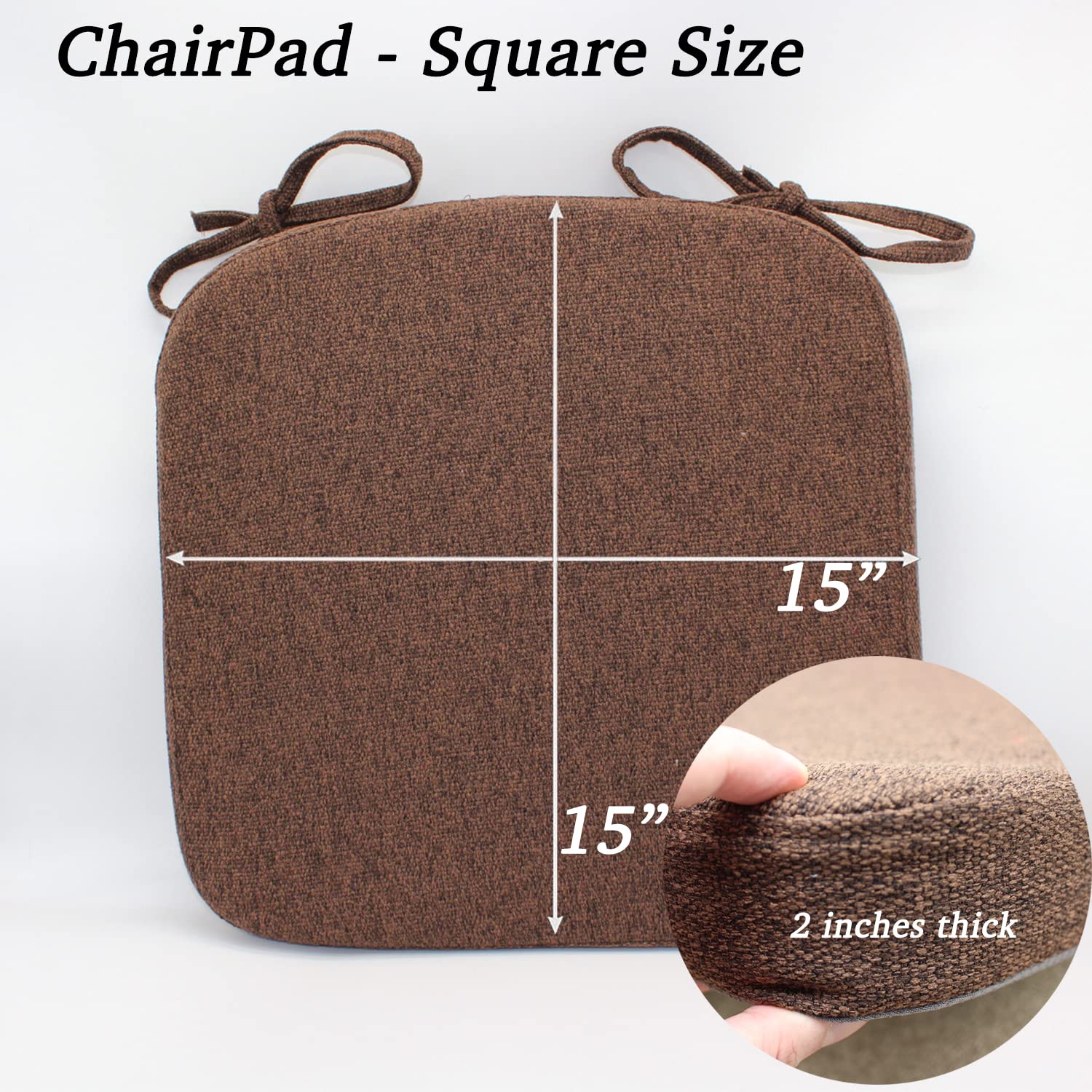 ZYHOONE Chair Cushion with Ties for Kitchen Chair - Thick Memory Foam Indoor Seat pad,Dining Room Cushion with Machine Washable Cover [15 X 15 X 2 Inches] - (Dark Brown,4)