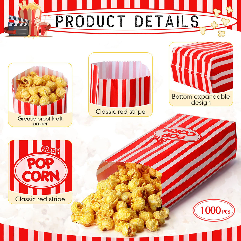 Sherr 1000 Pcs 1oz Popcorn Bags Bulk Red Retro Stripes Disposable Popcorn Bags for Movie Nights Circus Carnival Party Favors Birthday Party Event Supplies Machine Accessories