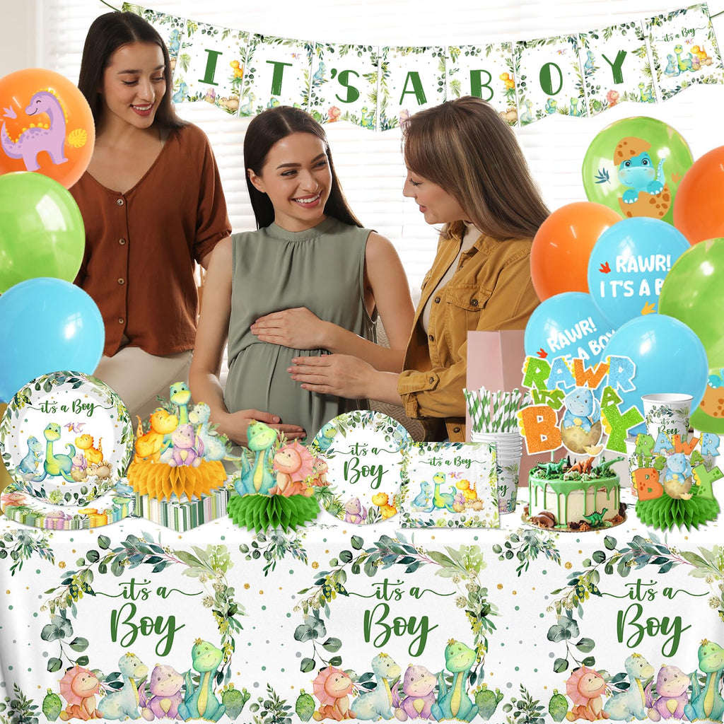 Dinosaur Baby Shower Decorations for Boy, It's a Boy Baby Shower Party Supplies Disposable Dino Plates Napkins Banner Tablecloth Cake Topper Balloon for Dinosaur Birthday Party Decorations, Serve 24