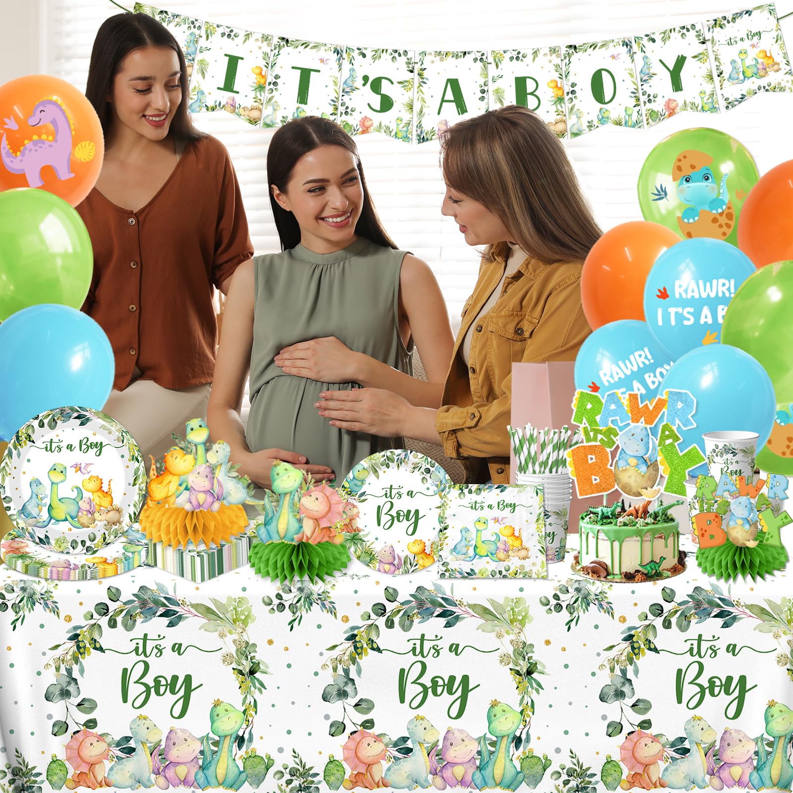 Dinosaur Baby Shower Decorations for Boy, It's a Boy Baby Shower Party Supplies Disposable Dino Plates Napkins Banner Tablecloth Cake Topper Balloon for Dinosaur Birthday Party Decorations, Serve 24