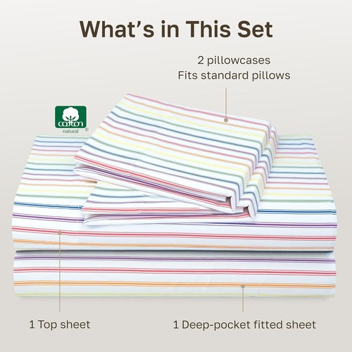 California Design Den Full Size Cotton Sheet Set - 100% Soft Cotton, 400 TC, Deep Pockets, Rainbow Stripe