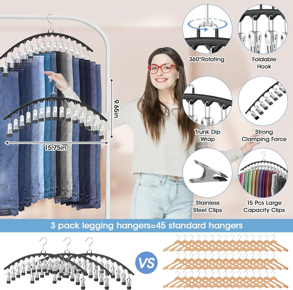 Skiennix Legging Organizer - Space-Saving Closet Hangers for 45 Leggings, Shorts & Skirts | Black