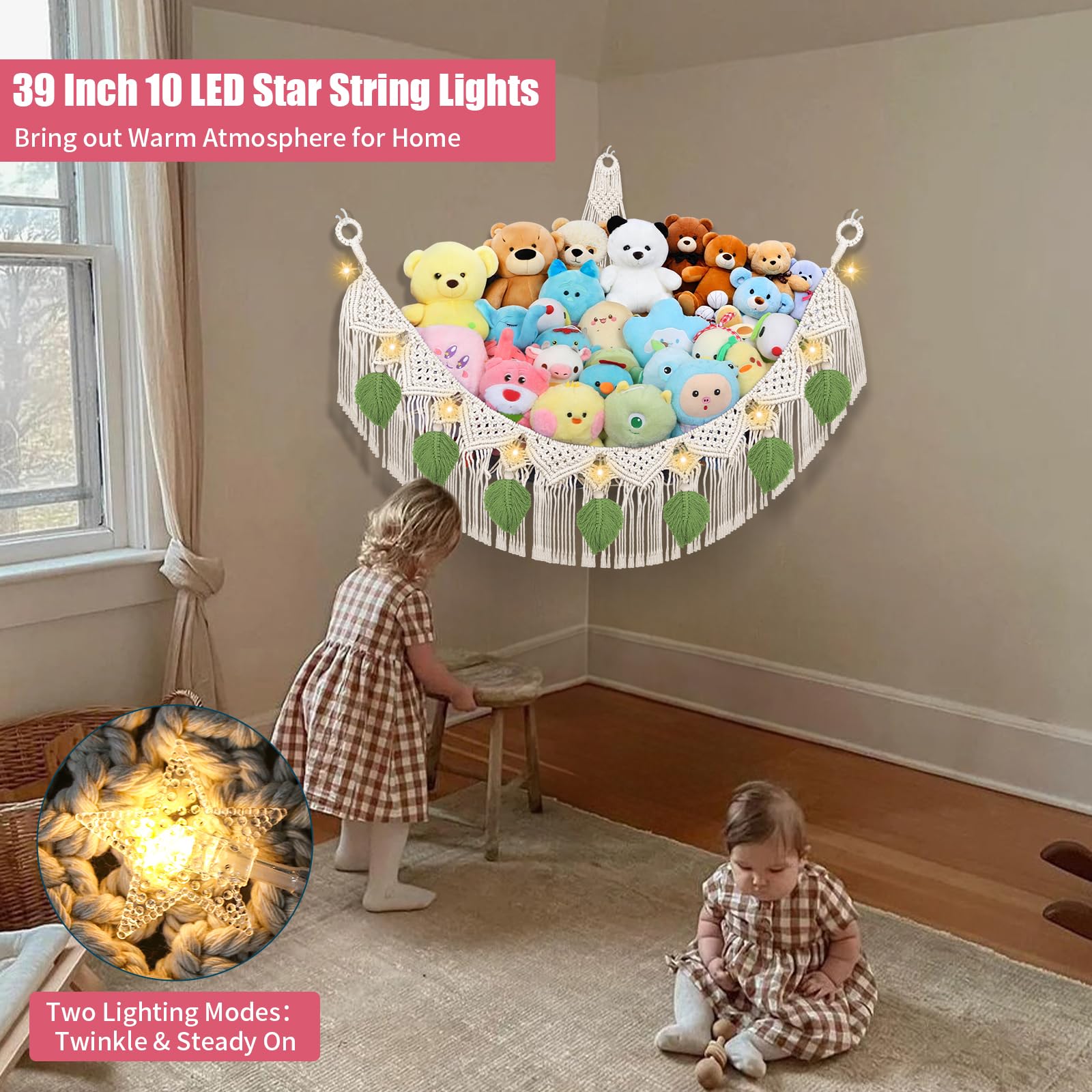 Stuffed Animal Hammock Corner w/LED Star Light, 56'' Jumbo Boho Tassel Leaf Hanging Stuffed Animal Net Holder, Cream Toy Hammock Plushie Net for Kid Girls Boys Gift Nursery Decor