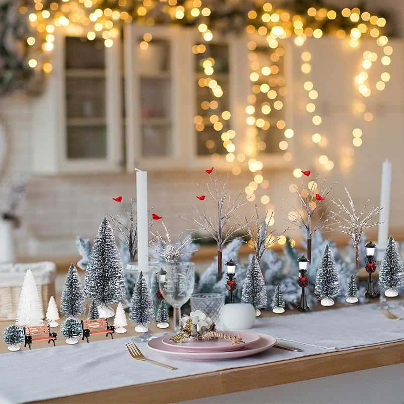 Classic 28 Pcs Mini Christmas Village Tree Set with Snow, Lamps & Benches