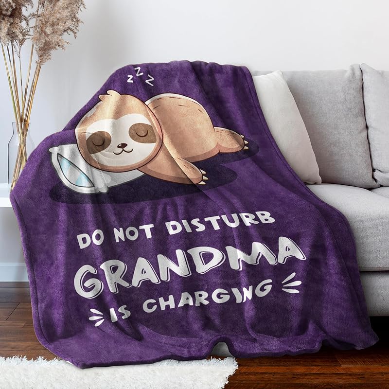 Grandma Is Charging Sloth Blanket 60x50 in Purple – Funny Gift for Grandma
