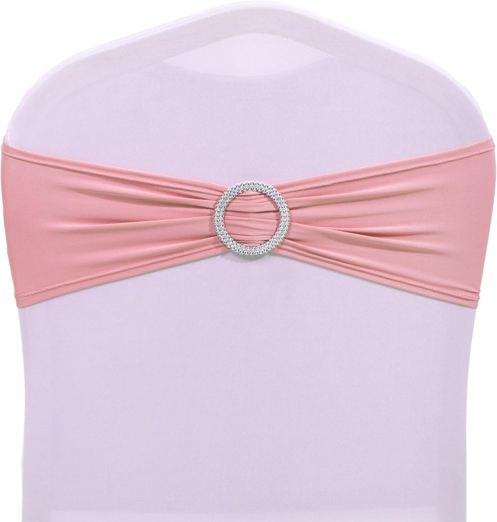 MDS Spandex Chair Sashes - 125 Pack of Elastic Stretch Bows with Buckle Slider for Wedding Decor | Dusty Rose
