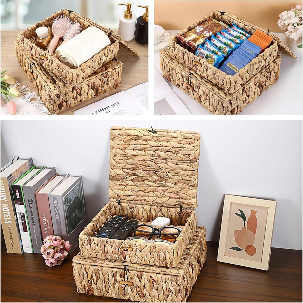 Natural Water Hyacinth Baskets by [Brand Name] - Set of 2 Handwoven Storage Bins with Lids for Home Organization
