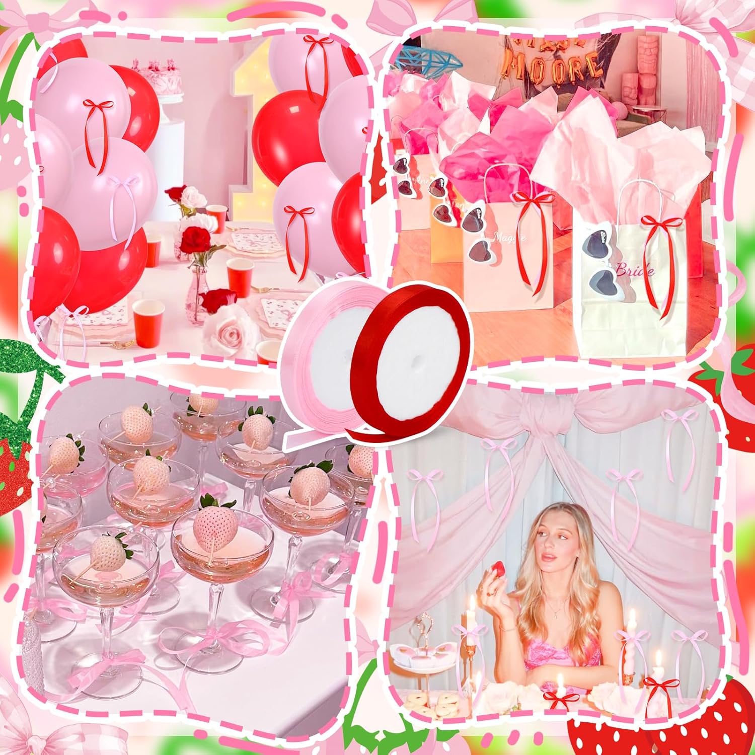 Skiennix Pink Bow Strawberry First Birthday Party Decor - Glitter Berry Banner & Cake Topper Set