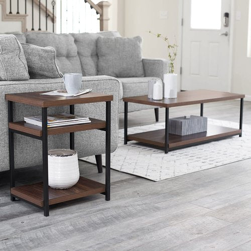 Household Essentials Jamestown Rectangular Coffee Table with Storage Shelf Mid Century Walnut Wood Grain and Black Metal