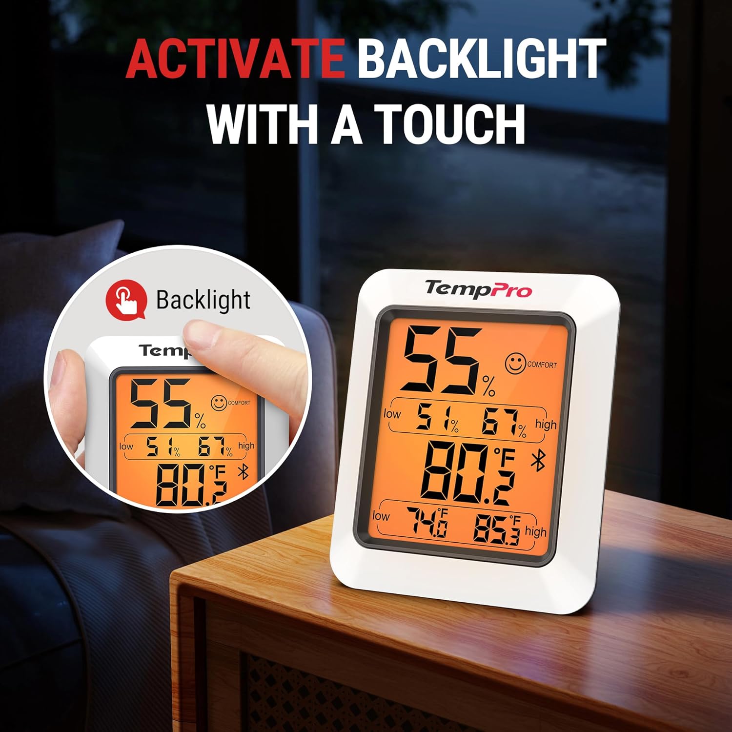 TempPro Hygrometer Thermometer - Bluetooth Indoor Room & Greenhouse Monitor, 260FT Range, Backlit Display