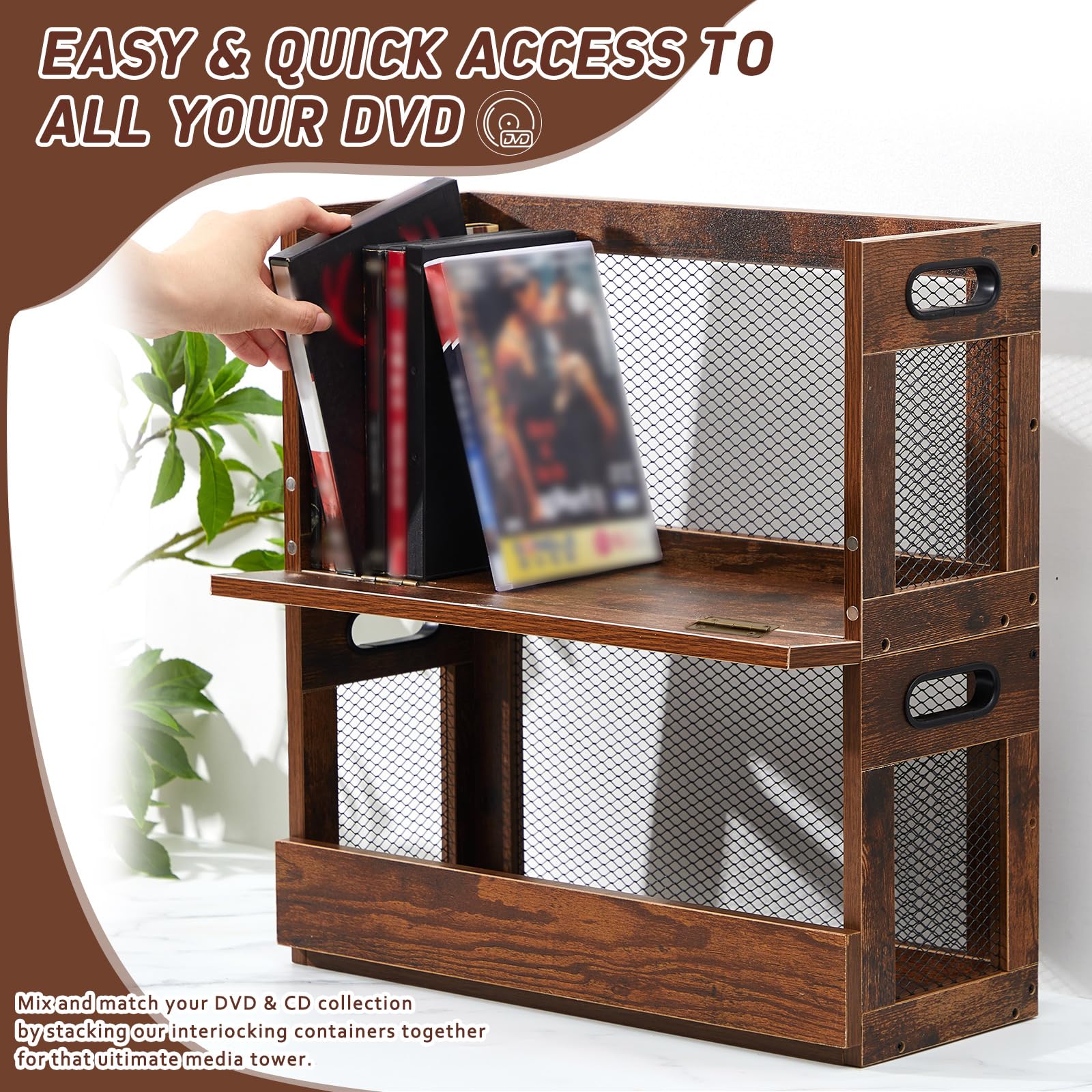 Jetec 2 Set Metal & Wooden DVD Storage Box Movie Holder Shelf Tape Display Racks with Carrying Handles, Organizer Shelf for Video Game Cases, CDs, Each Set Can Store Up to 26 Pcs DVDs