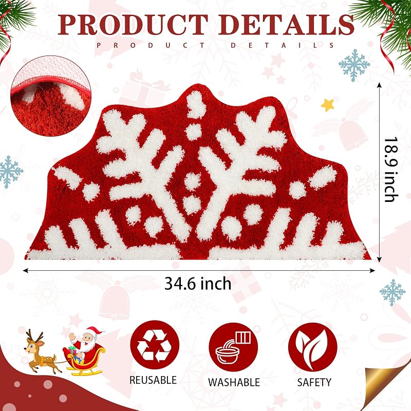 Tinideya Red Christmas Snowflake Semicircle Bathroom Rug Doormat - 18.9 x 34.6 in, Plush Microfiber