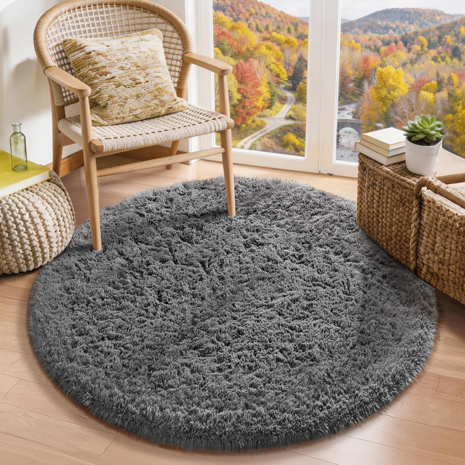 Ophanie Round Rug - 3Ft Grey Plush Shag Area Rug | Soft Fluffy Carpet for Bedroom & Nursery Decor