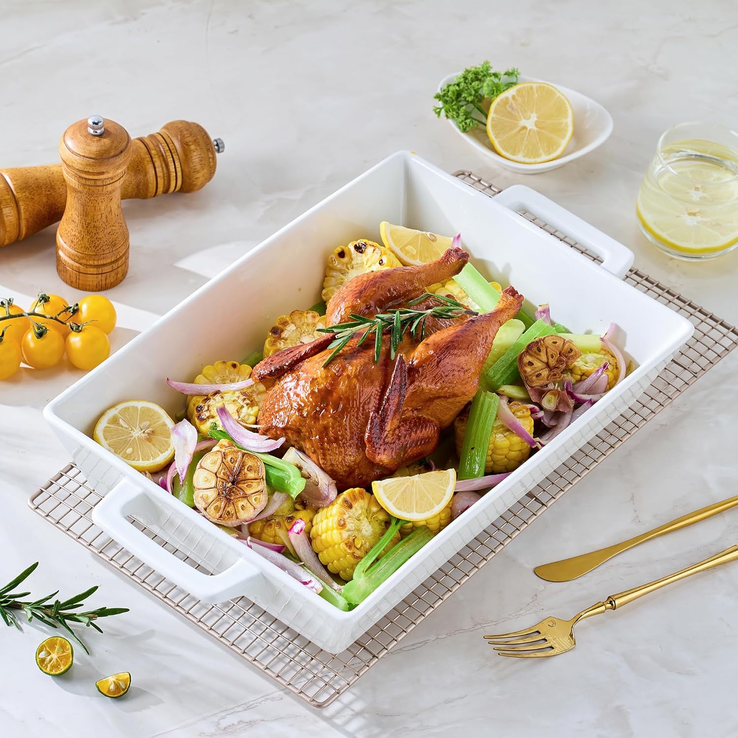 Regine Switzerland 4.6 Qt Large Rectangular Ceramic Baking Dish - 14x10 Inch Casserole Pan with Handles for Oven, Microwave, and Dishwasher Safe Use