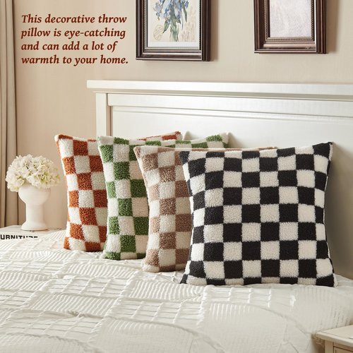 AmHoo Pack of 2 Decorative Throw Pillow Covers Checkerboard Luxury Super Soft Faux Fur Wool Set Case Cushion for Couch Sofa Bedroom 18 x 18-Inch Burnt Orange
