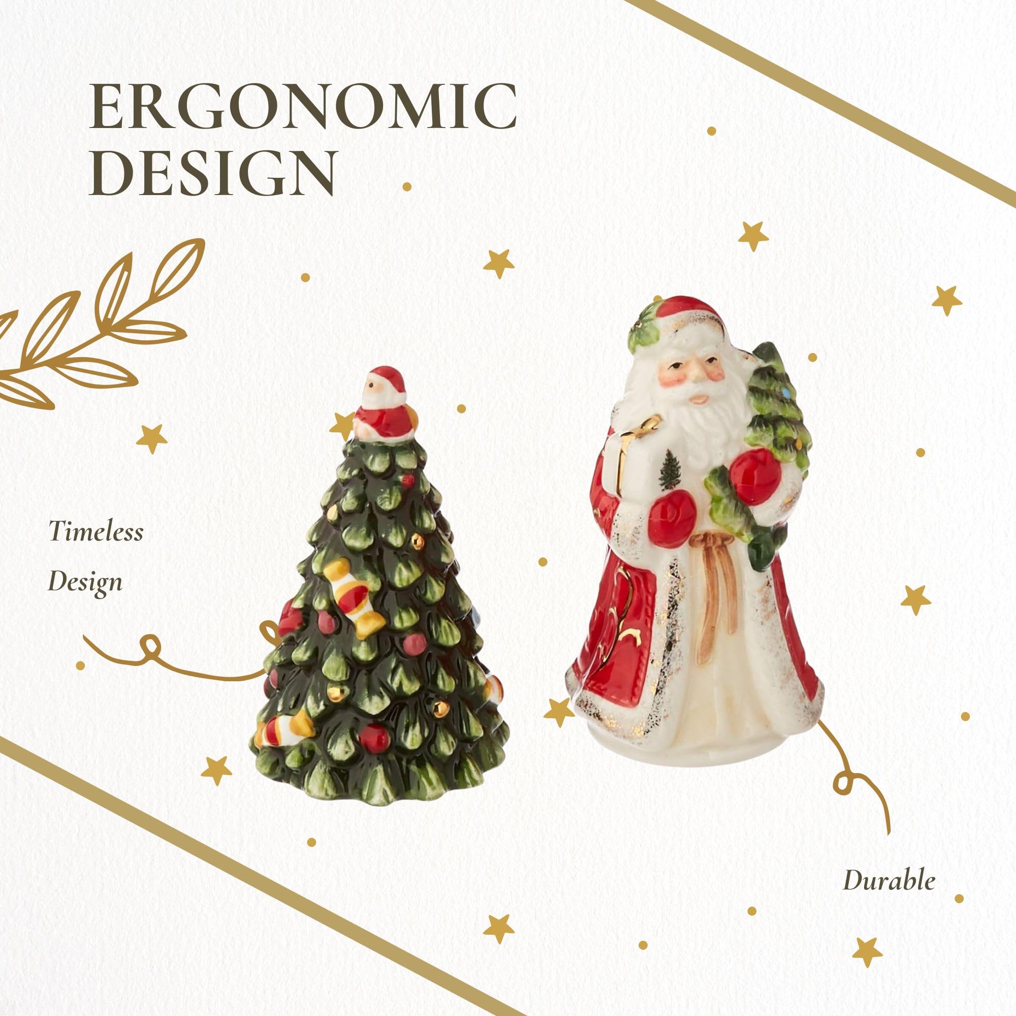 Spode Christmas Tree 3-Piece Hostess Set - Napkin Holder, Salt Shaker & Pepper Shaker (Santa & Tree Figural) - Festive Earthenware for Christmas, Holiday Entertaining - Decorative Gift Set