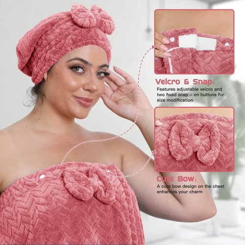 Emdelifo Plus Size Bath Towel Wrap for Women (XXL-XXXXL) with Hair Towel, Oversize Shower Wrap Dress Spa Bathrobe, Comfortable Adjustable Body Wrap, Dry Quickly, 82.68x31.5'', Pink