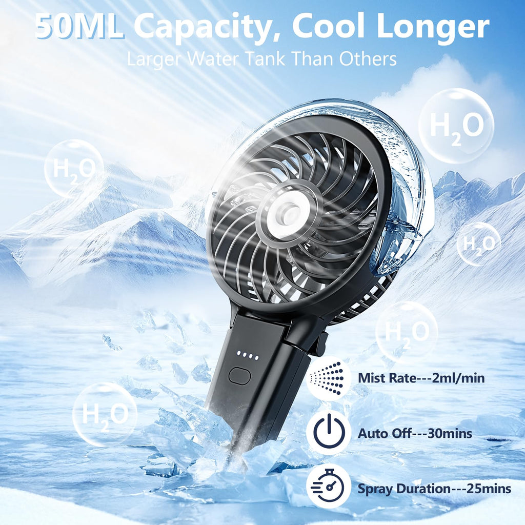 WITHOUSE 6000mAh Portable Handheld Misting Fan as Backup Power, 50ml XL Water Tank, 20H Runtime 3 Speeds, 180° Foldable Rechargeable Mist Fan for Travel, Outdoors, Makeup - Black