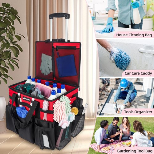 VSHXENG Rolling Cleaning Caddy Bag with Wheels, Large Cleaning Cart Detachable Trolley, Cleaning Bags for Housekeepers With Shoulder Strap & Multi Pockets for Cleaning Tools Storage (Red)