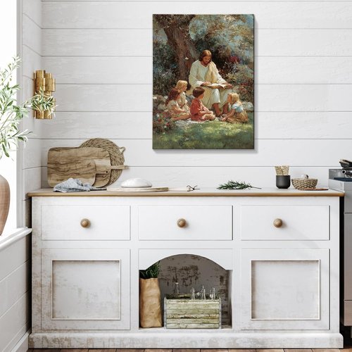 Christian Gifts for Women-Men,Religious Canvas Home Decor for Prayer Room Home Decorations Jesus with the Children Picture Jesus and Children Poster Wall Decor for Living Room Ready To Hang 16x24