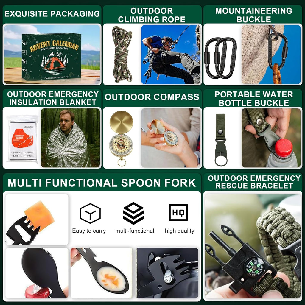 Survival Kit Advent Calendar 2025 - 24 Days of Essential Camping, Fishing & Hiking Tools | Perfect Xmas Gifts for Outdoor Enthusiasts