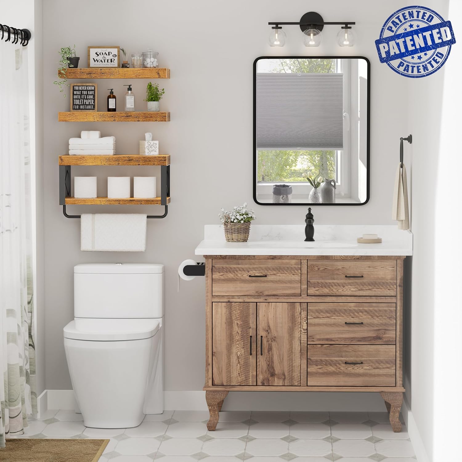 QEEIG Floating Bathroom Shelves - Rustic Brown Over Toilet Storage | Set of 3, 16 Inch