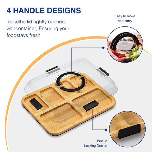 Charcuterie Board with Clear Lid, Portable Cheese Board with Dust-Proof Cover, Reversible Bamboo Cutting Board & Snack Tray, Easy-Open Latches for Picnics, Parties, Housewarming Gifts (6 Compartments)