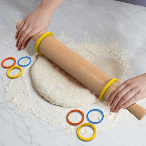 Classic Wooden Rolling Pin - Beechwood Baking Tool with Handle & 3 Multi-Color Thickness Rings | 17"x2.5"