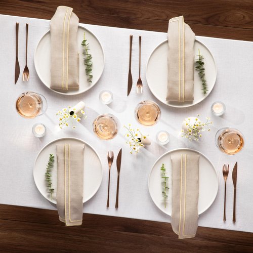 Linen Napkins Set of 4-100% Pure Linen Natural Dinner Napkins with Embroidered Gold Edge 20 x 20 inch - Embroidered Napkins Cloth Washable for Thanksgiving, Fall and Autumn Decor