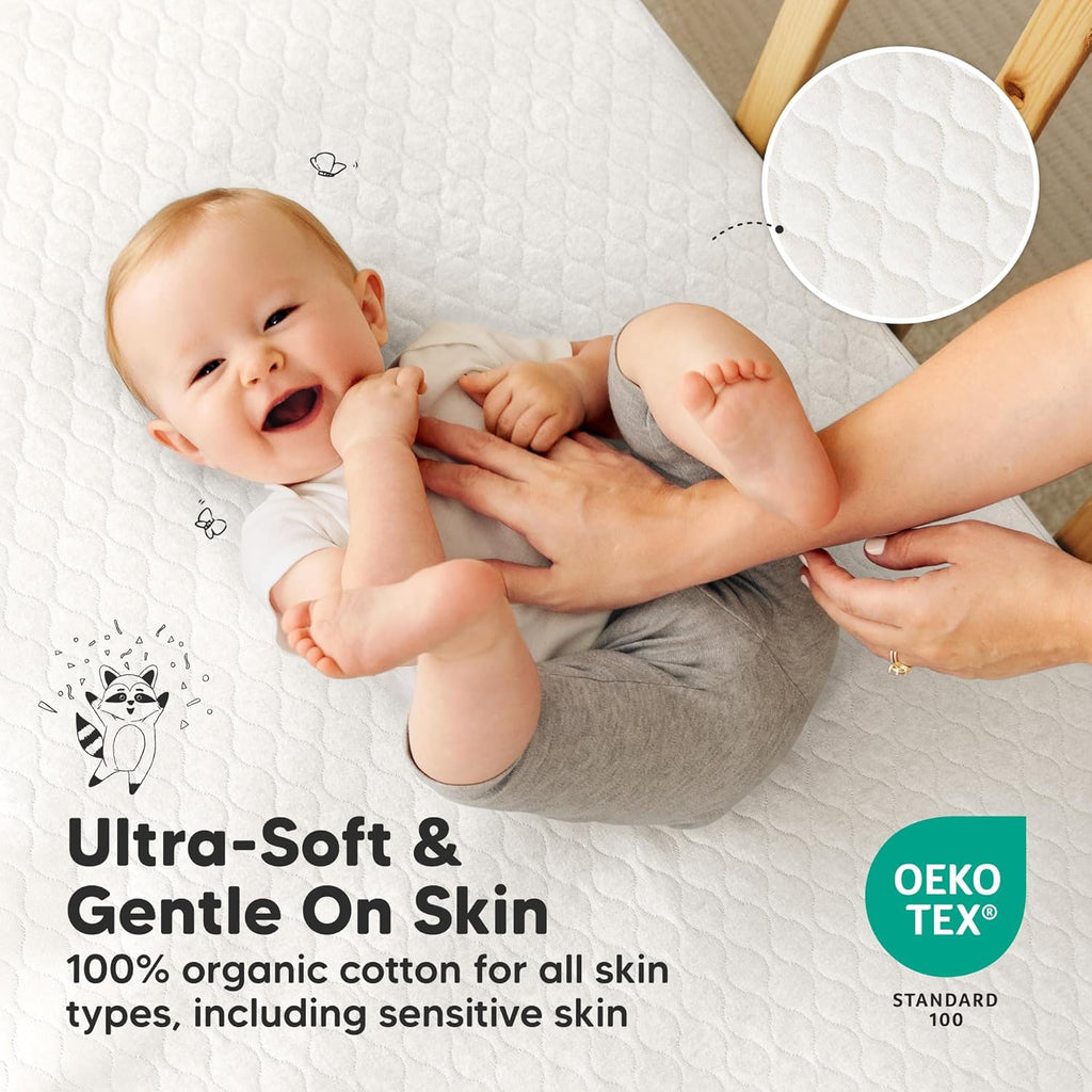 Skiennix 2-Pack Waterproof Crib Mattress Protector - Soft Quilted Cotton, Machine Washable, 52" x 28" (Soft White/Mavy)