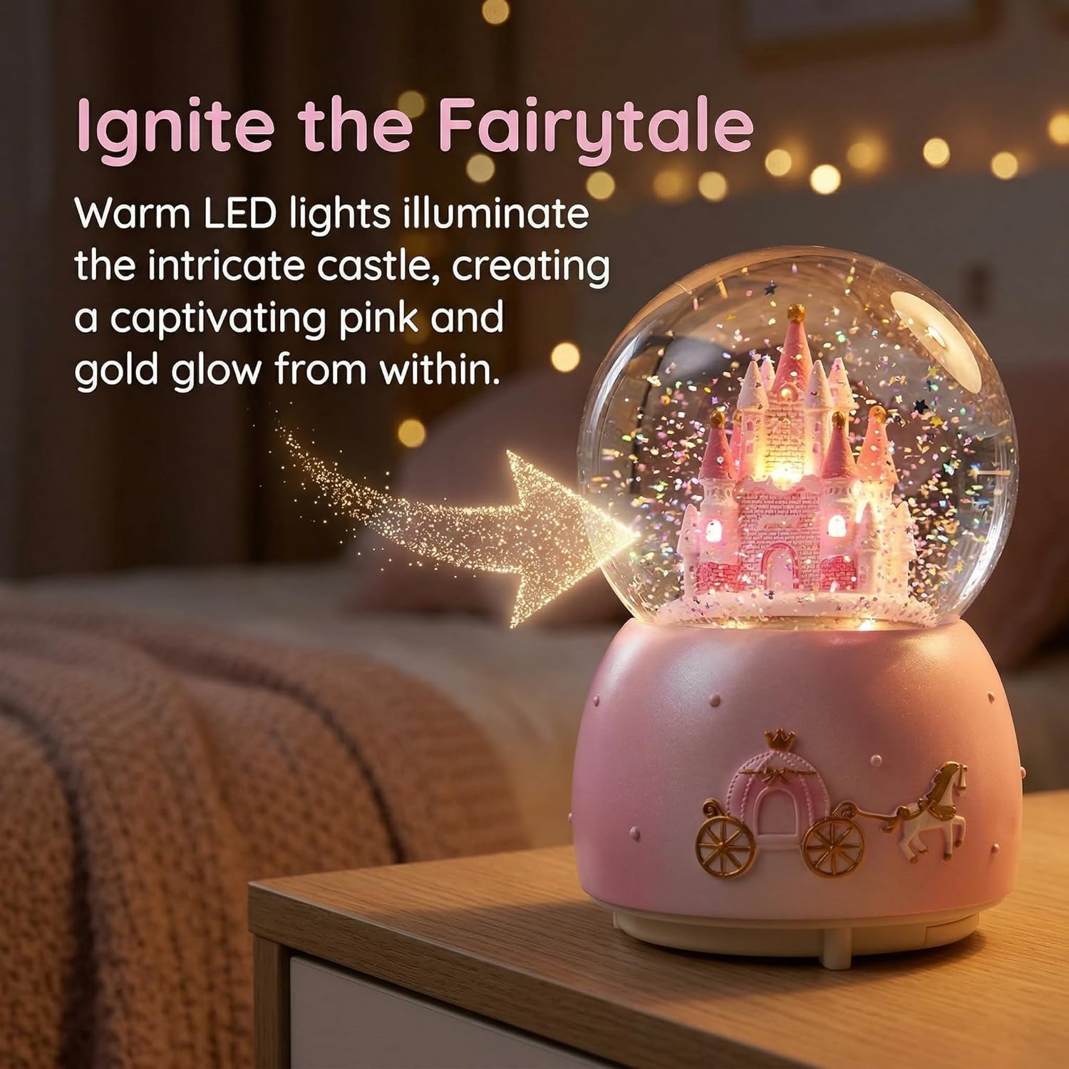 Skiennix Music Box - Crystal Carousel Rotating Unicorn Snow Globe with Colorful LED Light | Castle Pink