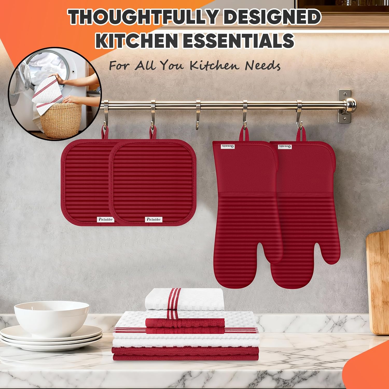 Skiennix Oven Mitts Set - 500°F Heat Resistant Gloves & Potholders with Silicone Grip | Red
