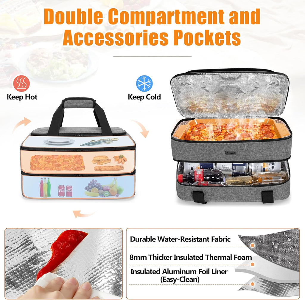 Trunab Insulated Casserole Carrier - Thermal Tote Bag for Hot or Cold Food | Fits 9" x 13" Dishes, Grey