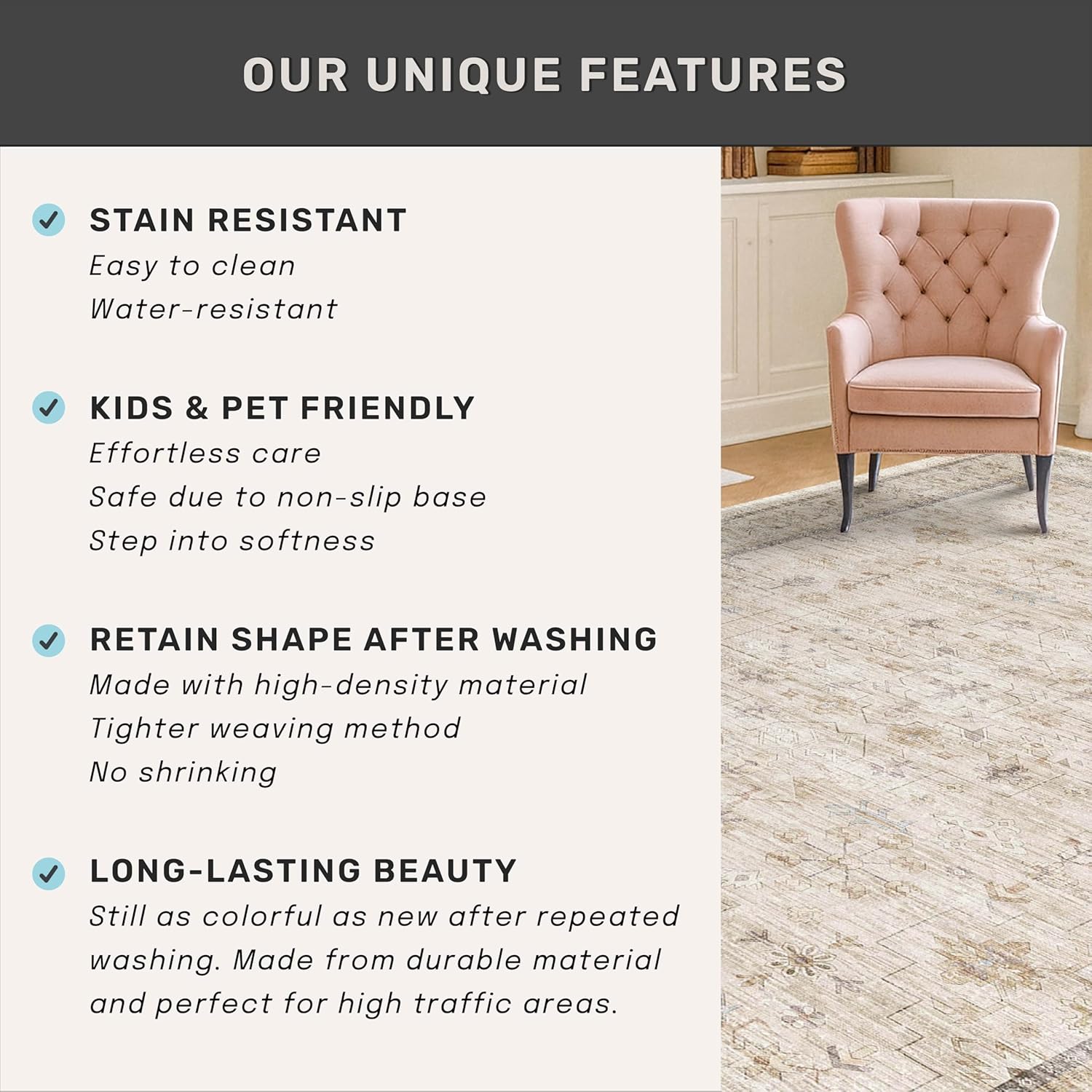 Regine Switzerland Extra Long Runner Rug - Non-Slip, Machine Washable, Soft Low Pile in Light Beige | Geometric Floral Design