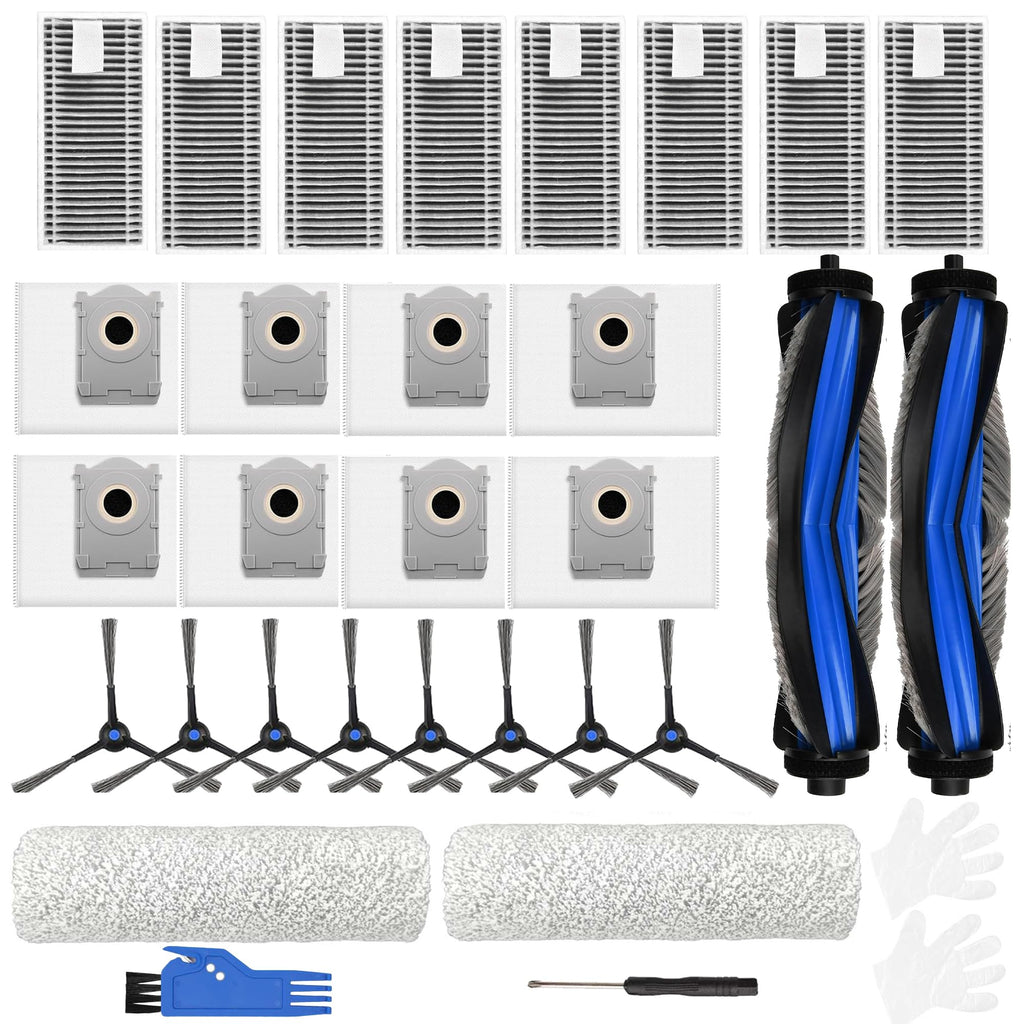 Replacement Parts Compatible with Ecovacs Deebot X8 Pro Omni/Yeedi S14 Plus Robot Vacuum Accessories with 8 Dust Bags, 8 HEPA Filters, 8 Side Brushes,2 Roller Mops,2 Main Brush