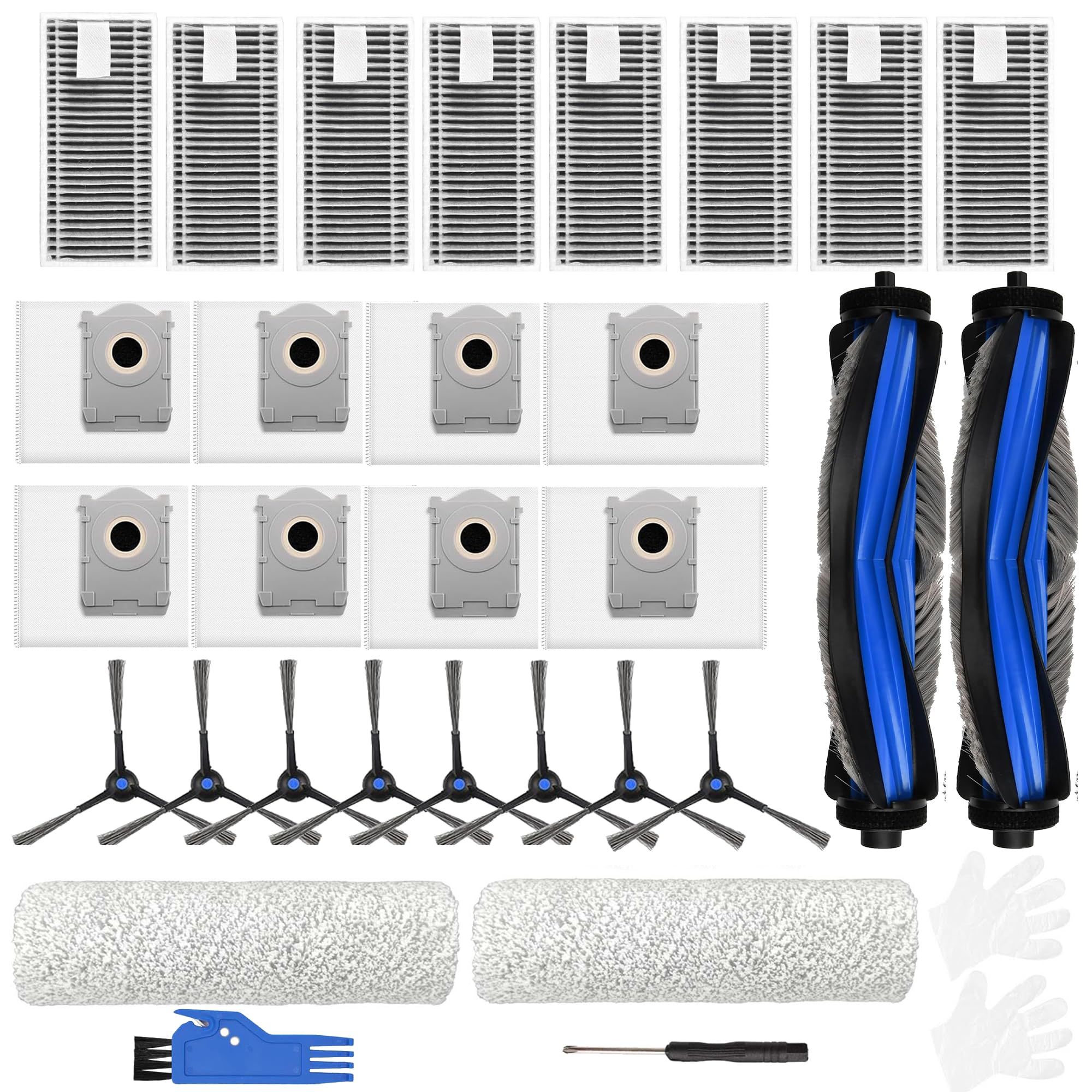 Replacement Parts Compatible with Ecovacs Deebot X8 Pro Omni/Yeedi S14 Plus Robot Vacuum Accessories with 8 Dust Bags, 8 HEPA Filters, 8 Side Brushes,2 Roller Mops,2 Main Brush