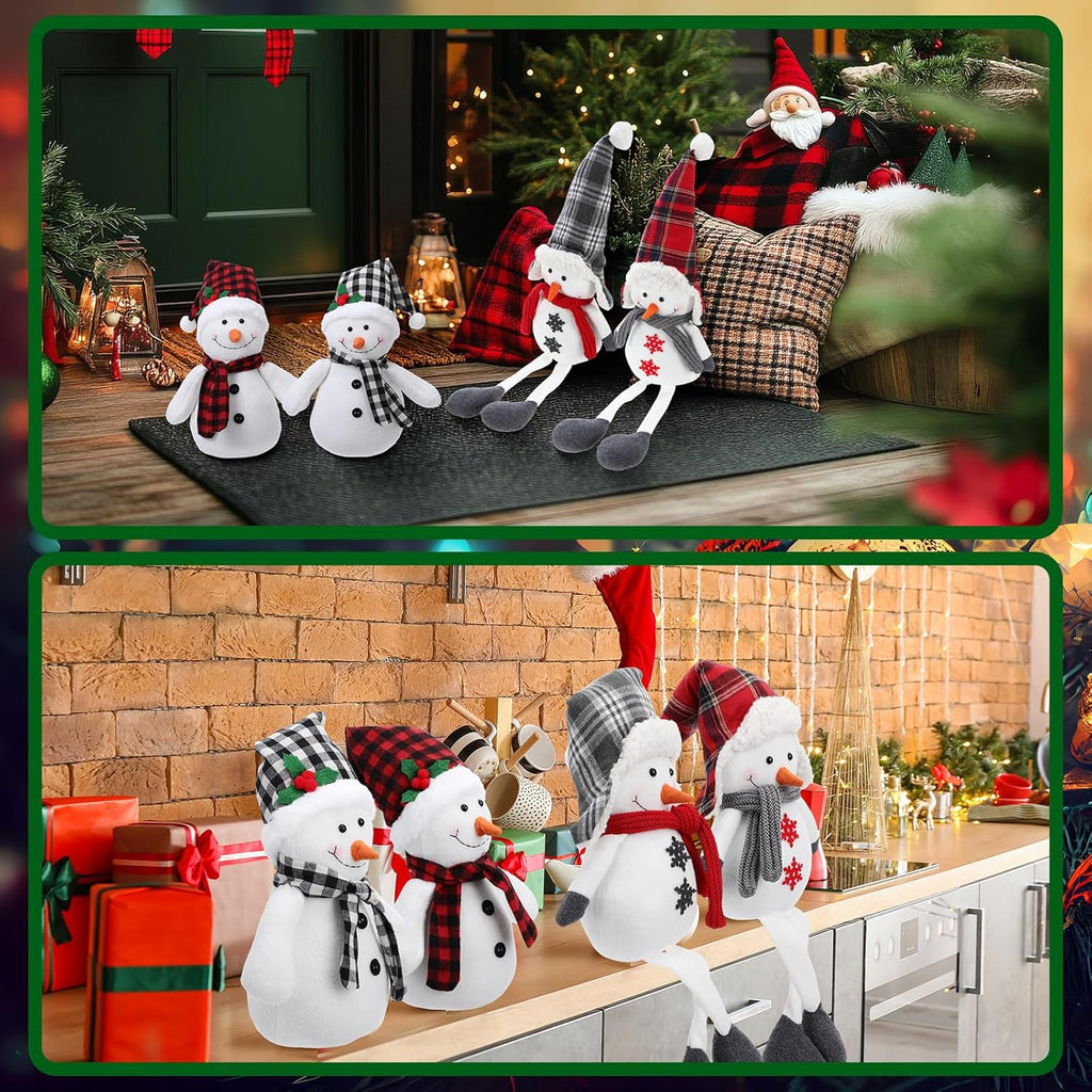 Yuntau Plush Snowman Decor - 4 Pack Sitting Snowmen with Scarf & Hat | Rustic Christmas Ornaments for Indoor Holiday Decor