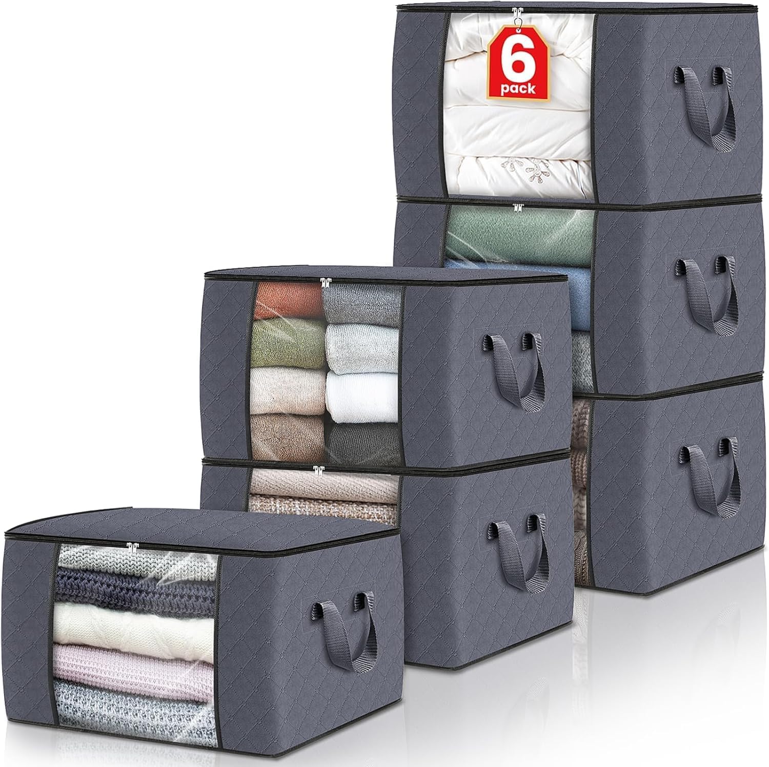 Skiennix 90L Large Storage Bags - 6 Pack Foldable Closet Organizers with Reinforced Handles for Clothes, Blankets & Toys
